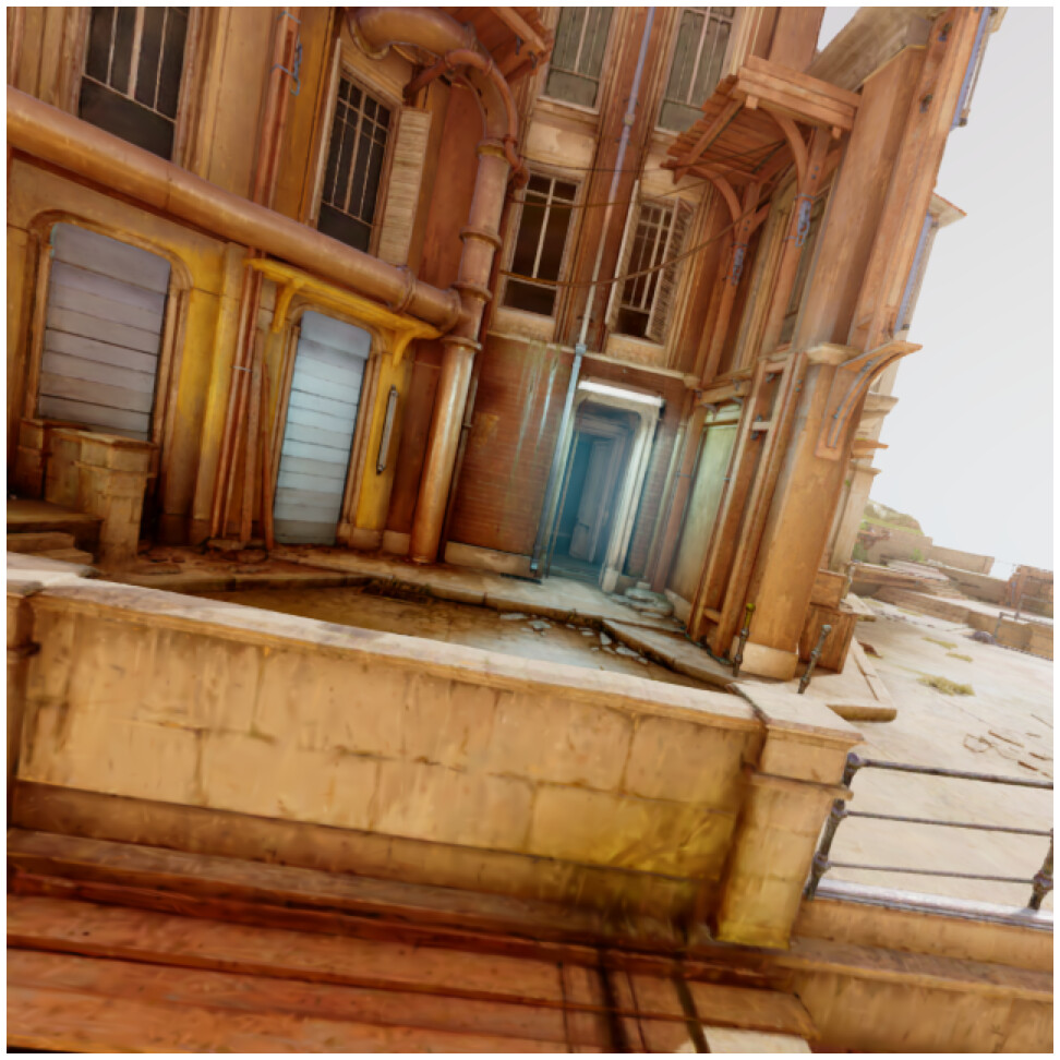 Gaussian-splat rendering of the seaside town scene